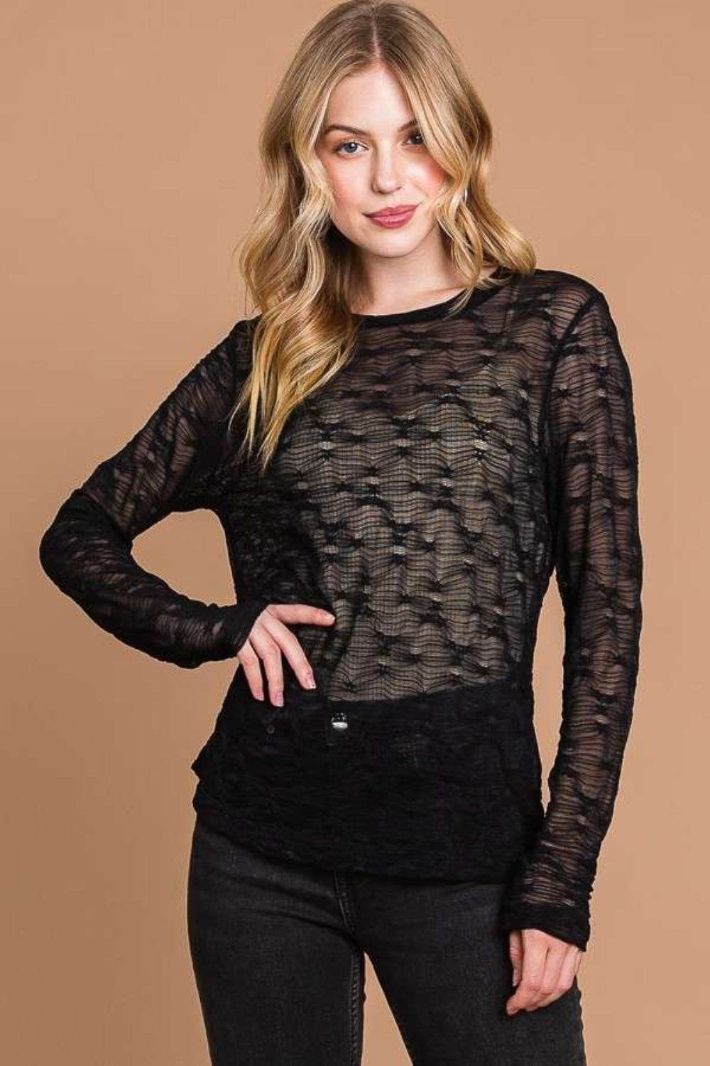 Culture Code Full Size Round Neck Mesh Perspective Top - Delanoir