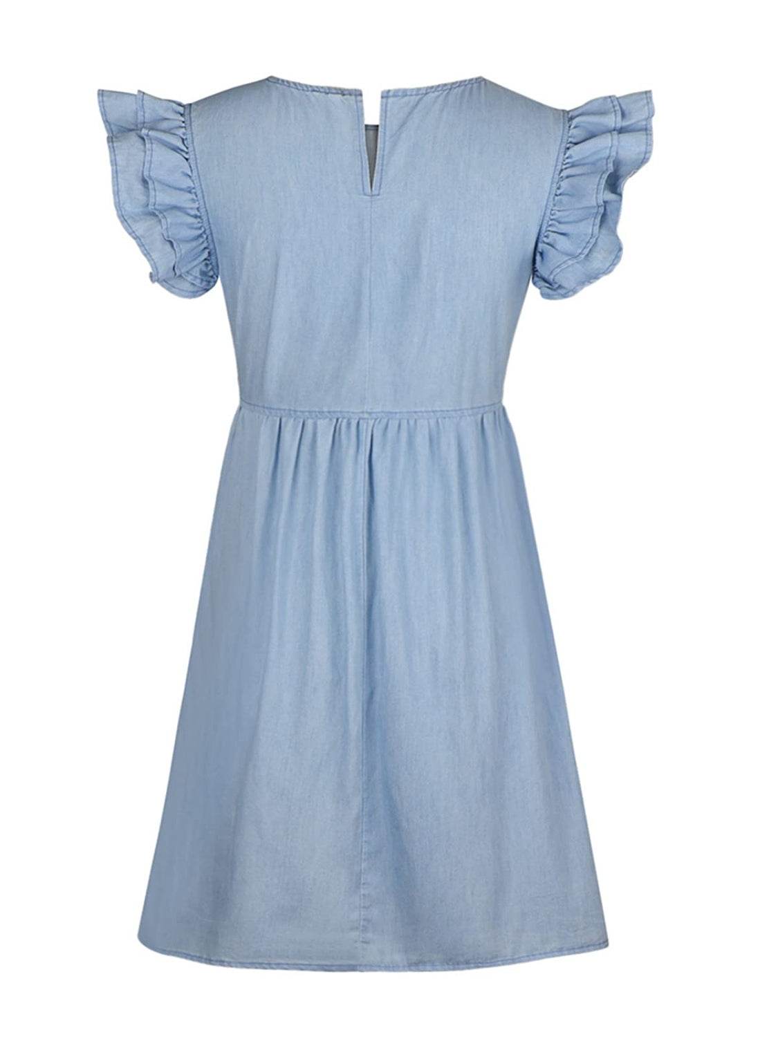 Full Size Ruffled Round Neck Cap Sleeve Denim Dress - Delanoir