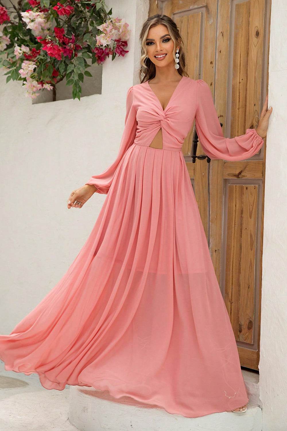 Twist Front Cutout Long Sleeve Dress - Delanoir
