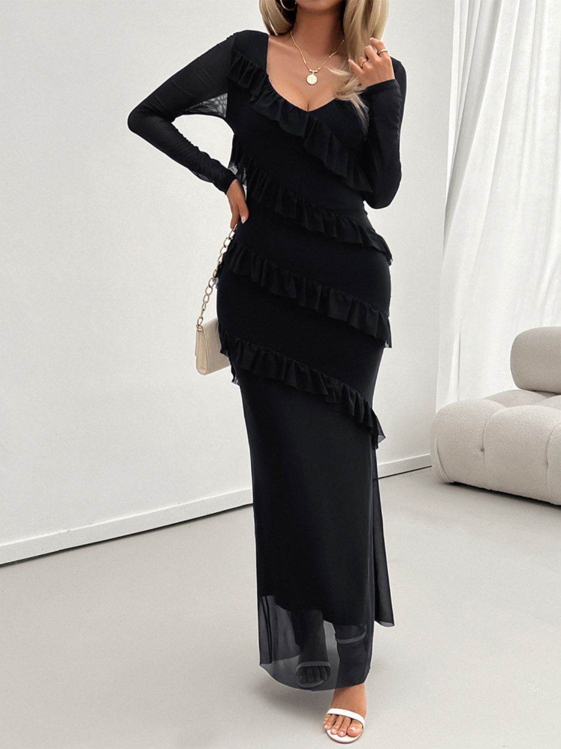 Devine Ruffled Surplice Long Sleeve Maxi Dress - Delanoir