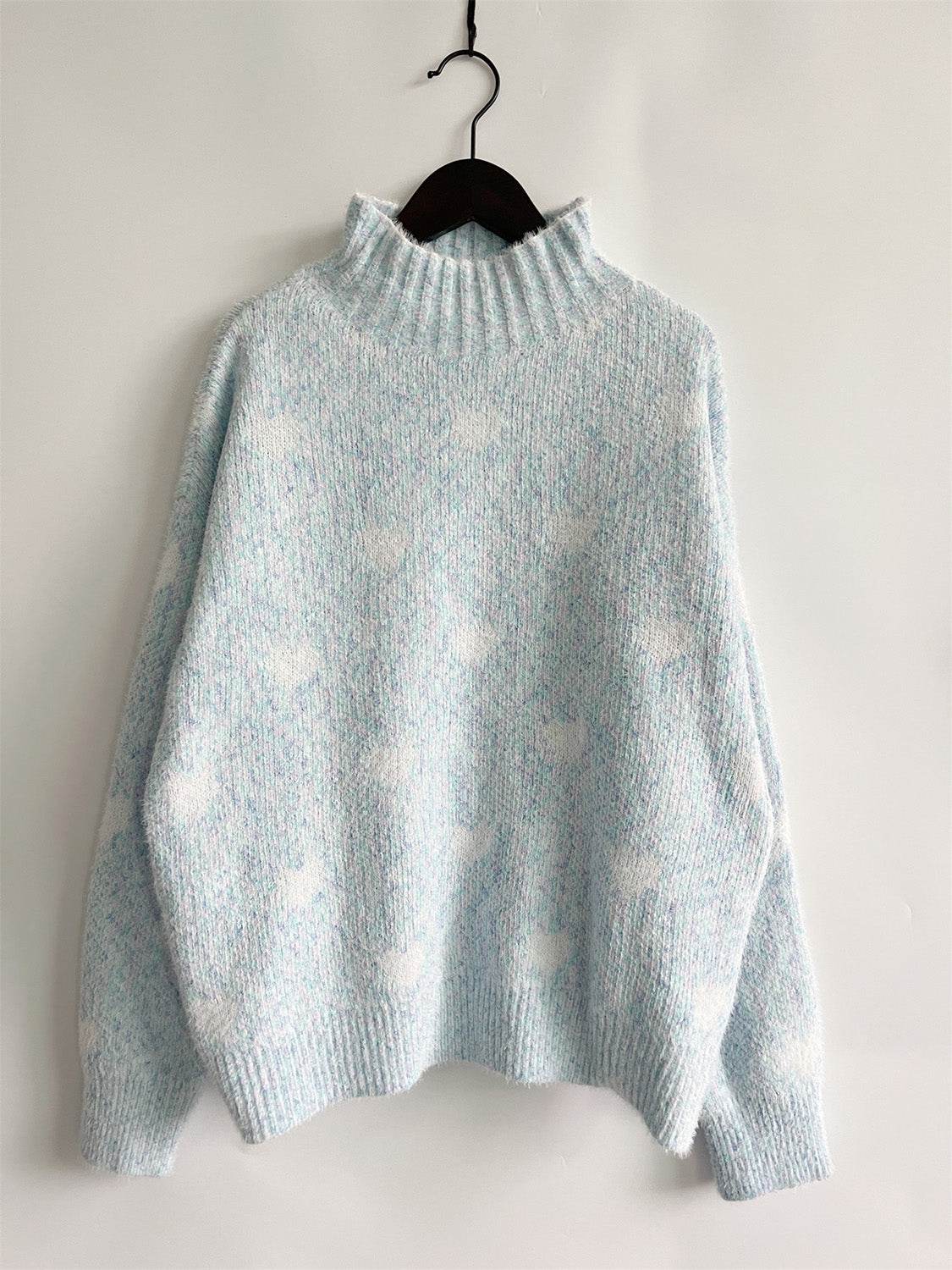 Heart Heathered Turtleneck Drop Shoulder Sweater - Delanoir
