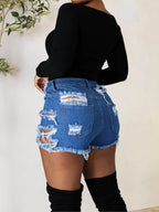 Distressed Raw Hem Denim Shorts with Pockets - Delanoir