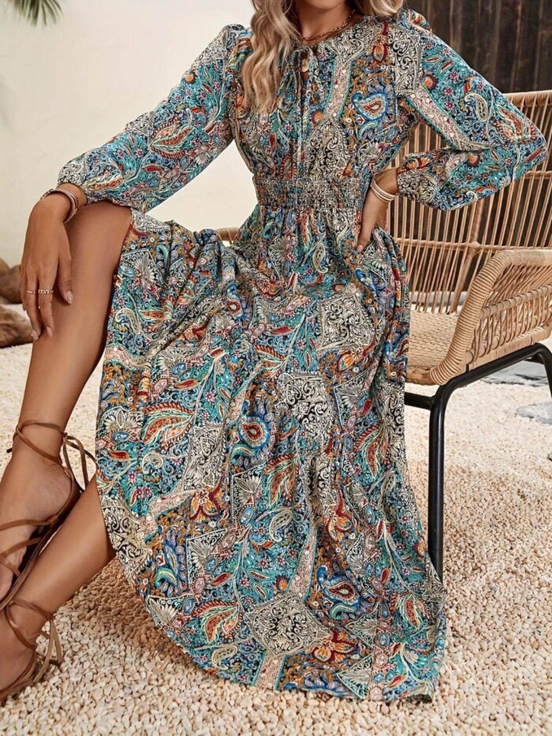 Printed Tie Neck Long Sleeve Maxi Dress - Delanoir