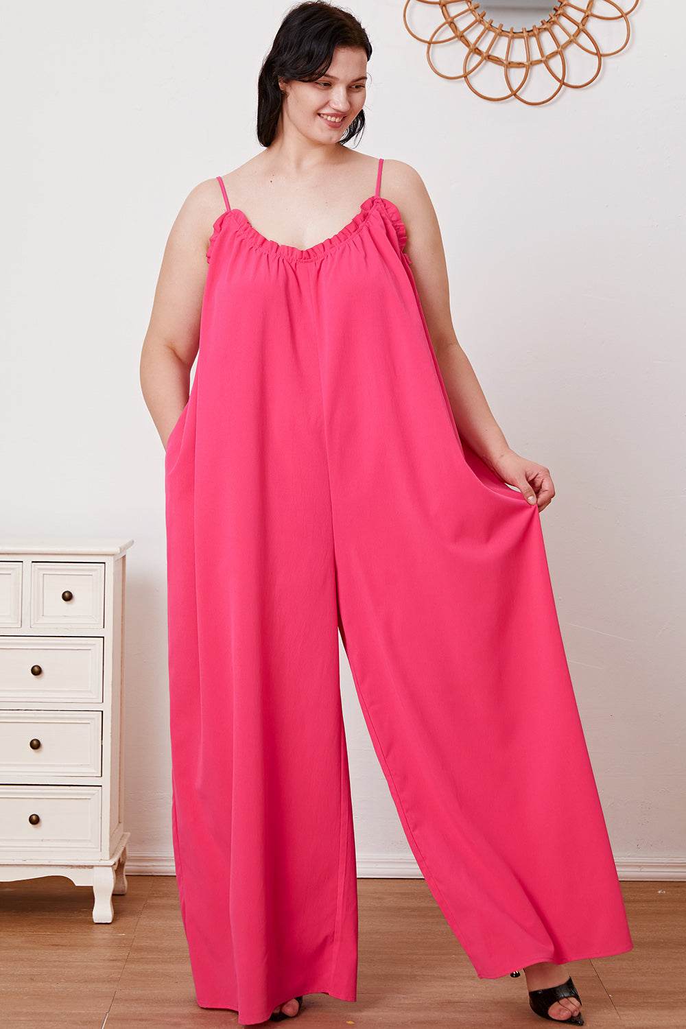 Double Take Full Size Ruffle Trim Tie Back Cami Jumpsuit with Pockets - Delanoir