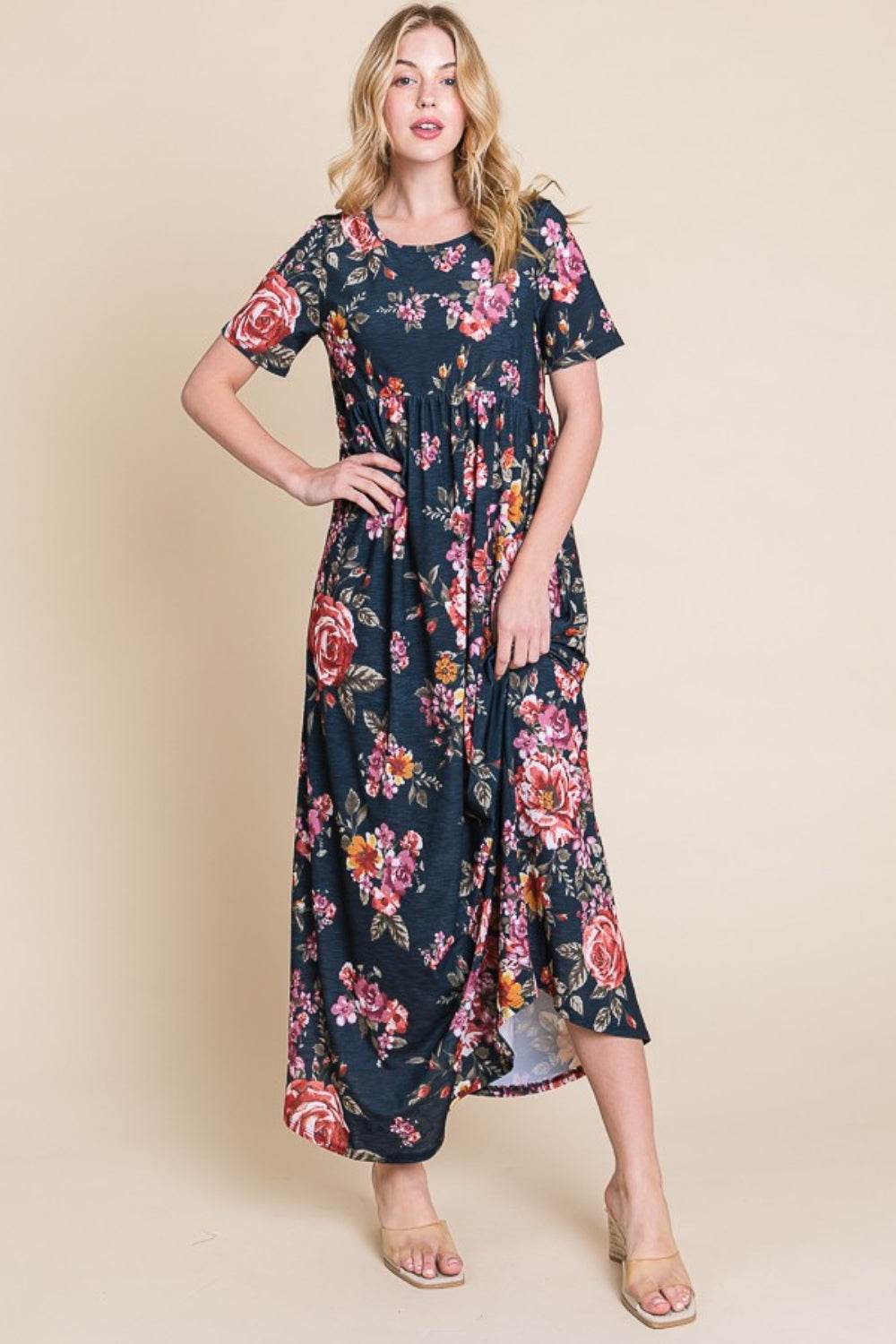 BOMBOM Floral Short Sleeve Maxi Dress - Delanoir
