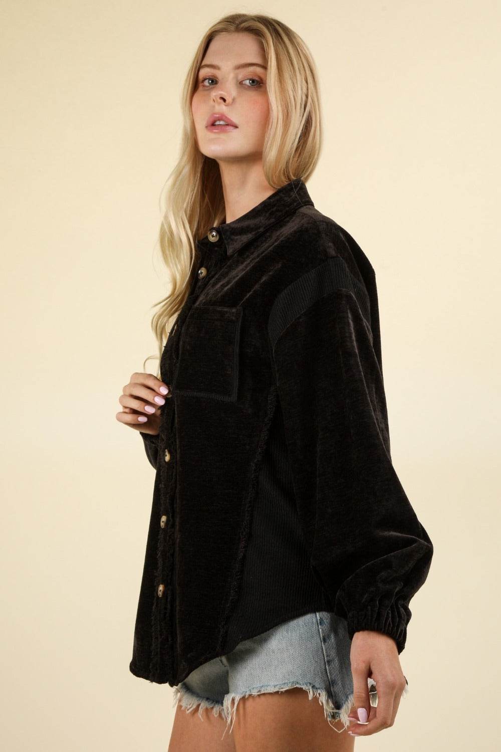 VERY J Mixed Media Button Down Raw Hem Shacket - Delanoir