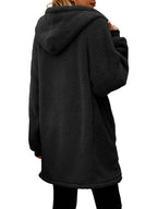 Fuzzy Pocketed Zip Up Long Sleeve Hooded Jacket - Delanoir