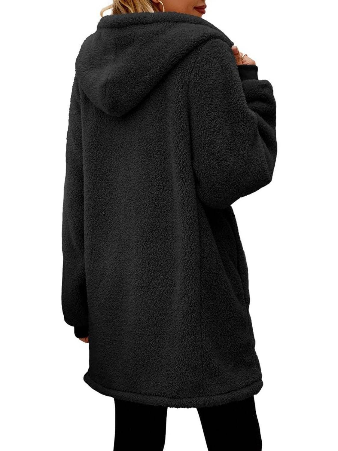 Fuzzy Pocketed Zip Up Long Sleeve Hooded Jacket - Delanoir
