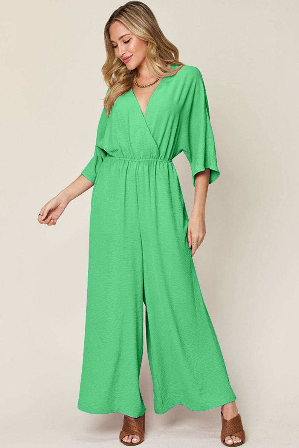 Double Take Full Size Surplice Wide Leg Jumpsuit with Pockets - Delanoir