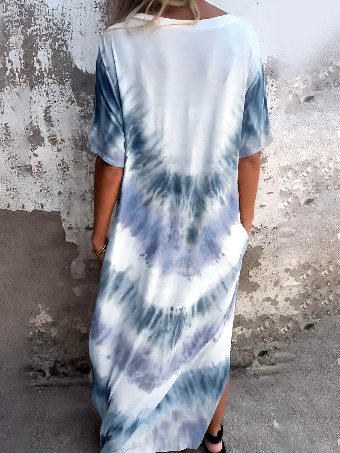 Full Size Pocketed Tie-Dye Short Sleeve Dress - Delanoir