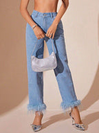 Plush Hem High Rise Straight Jeans - Delanoir
