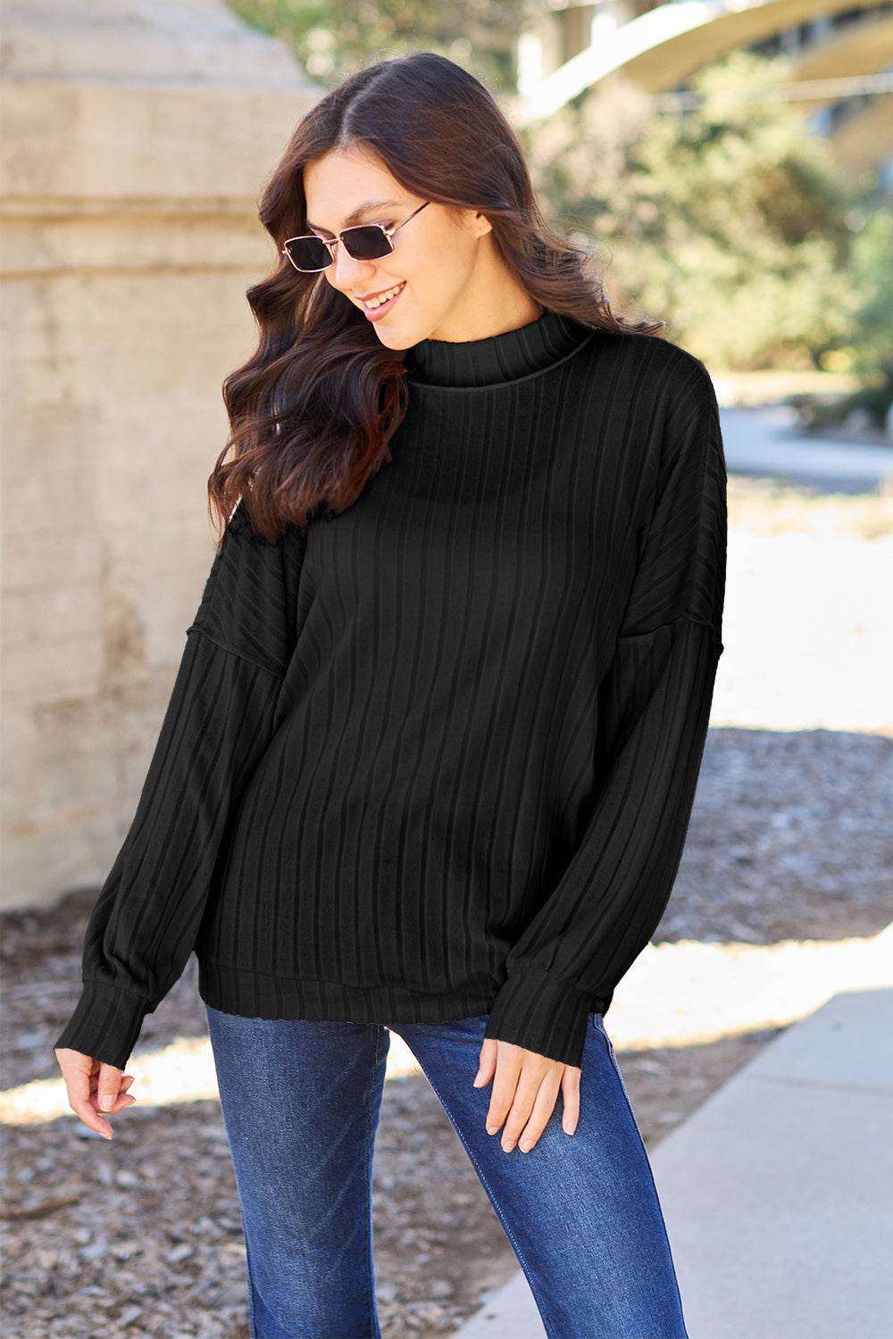 Basic Bae Full Size Ribbed Exposed Seam Mock Neck Knit Top - Delanoir