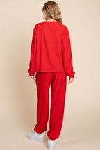 Super Lady Full Size Crinkle Check Round Neck Top and Pants Lounge Set - Delanoir