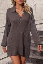 Collared Neck Long Sleeve Sweater Dress with Pockets - Delanoir