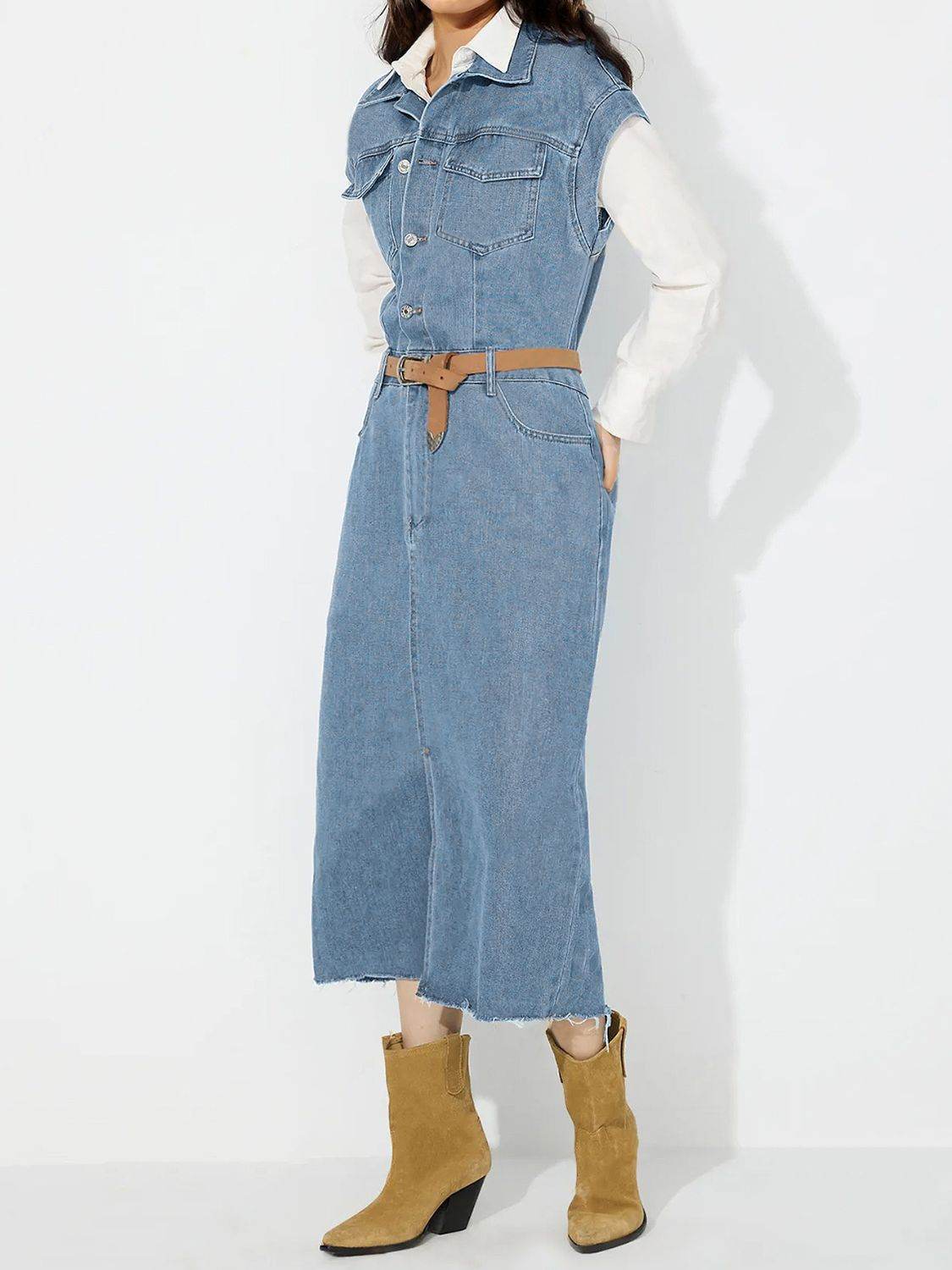 Slit Half Button Collared Neck Cap Sleeve Denim Dress - Delanoir