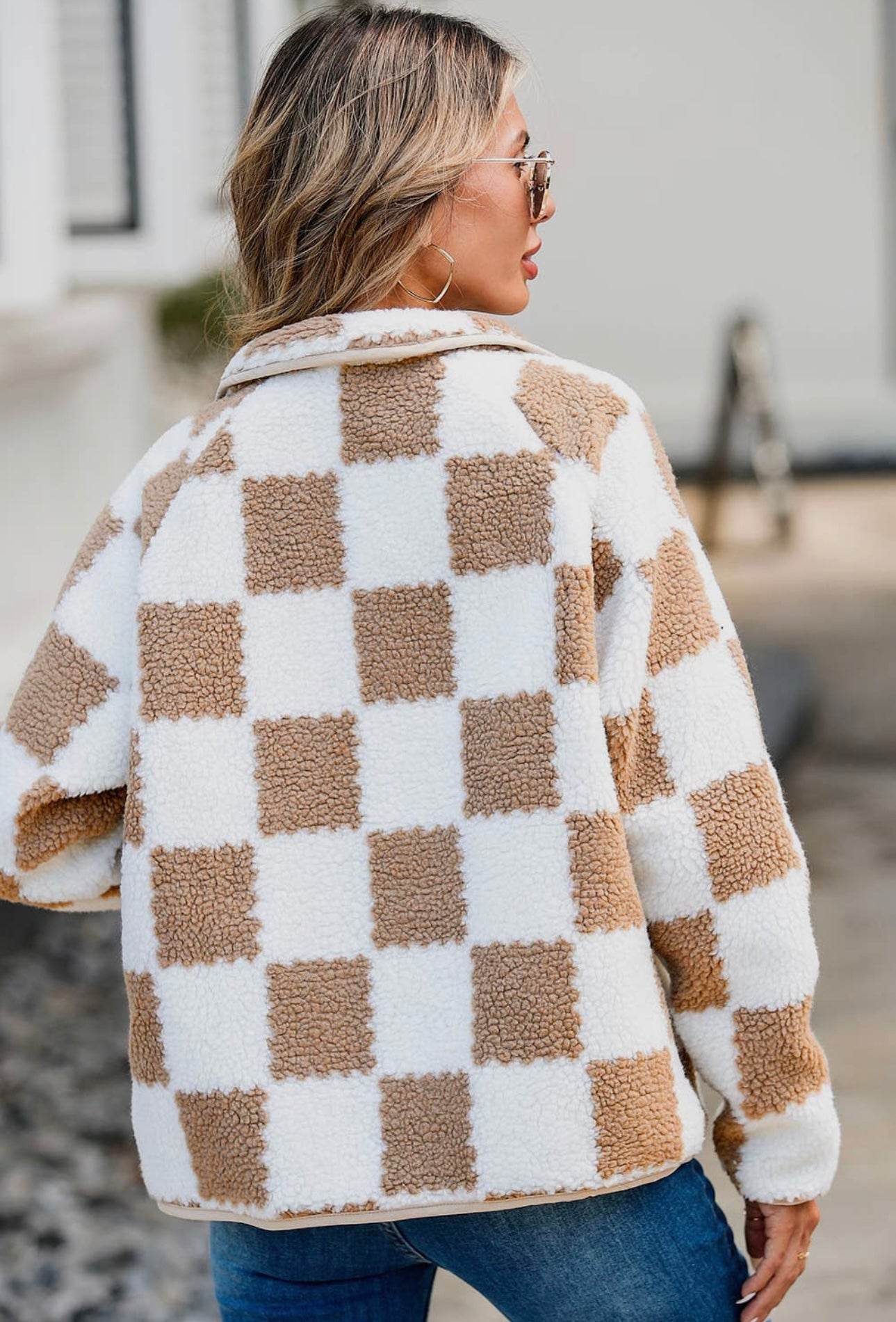 Checkered Snap Down Long Sleeve Teddy Jacket - Delanoir