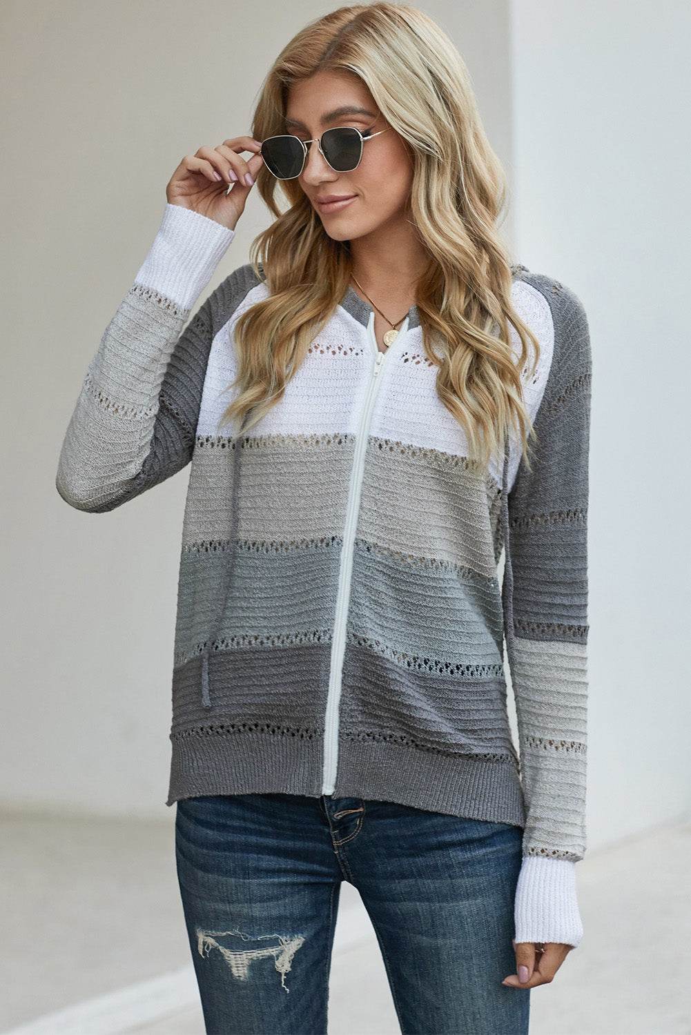 Zip-Up Raglan Sleeve Openwork Hooded Cardigan - Delanoir