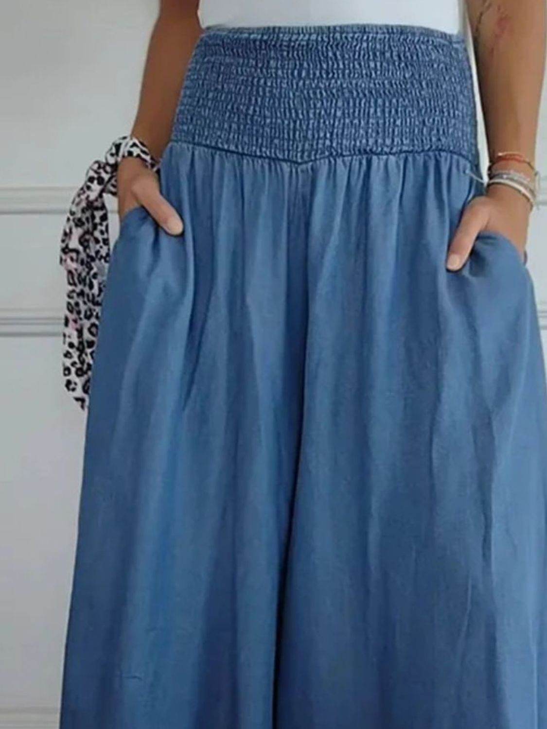 Full Size Smocked Wide Leg Pants with Pockets - Delanoir