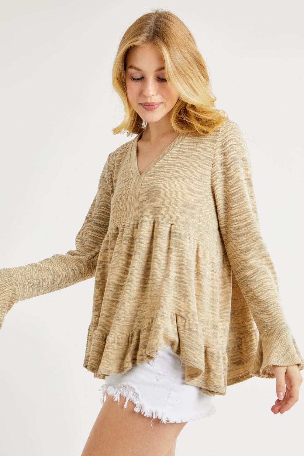 Hailey & Co V-Neck Flounce Sleeve Knit Top - Delanoir