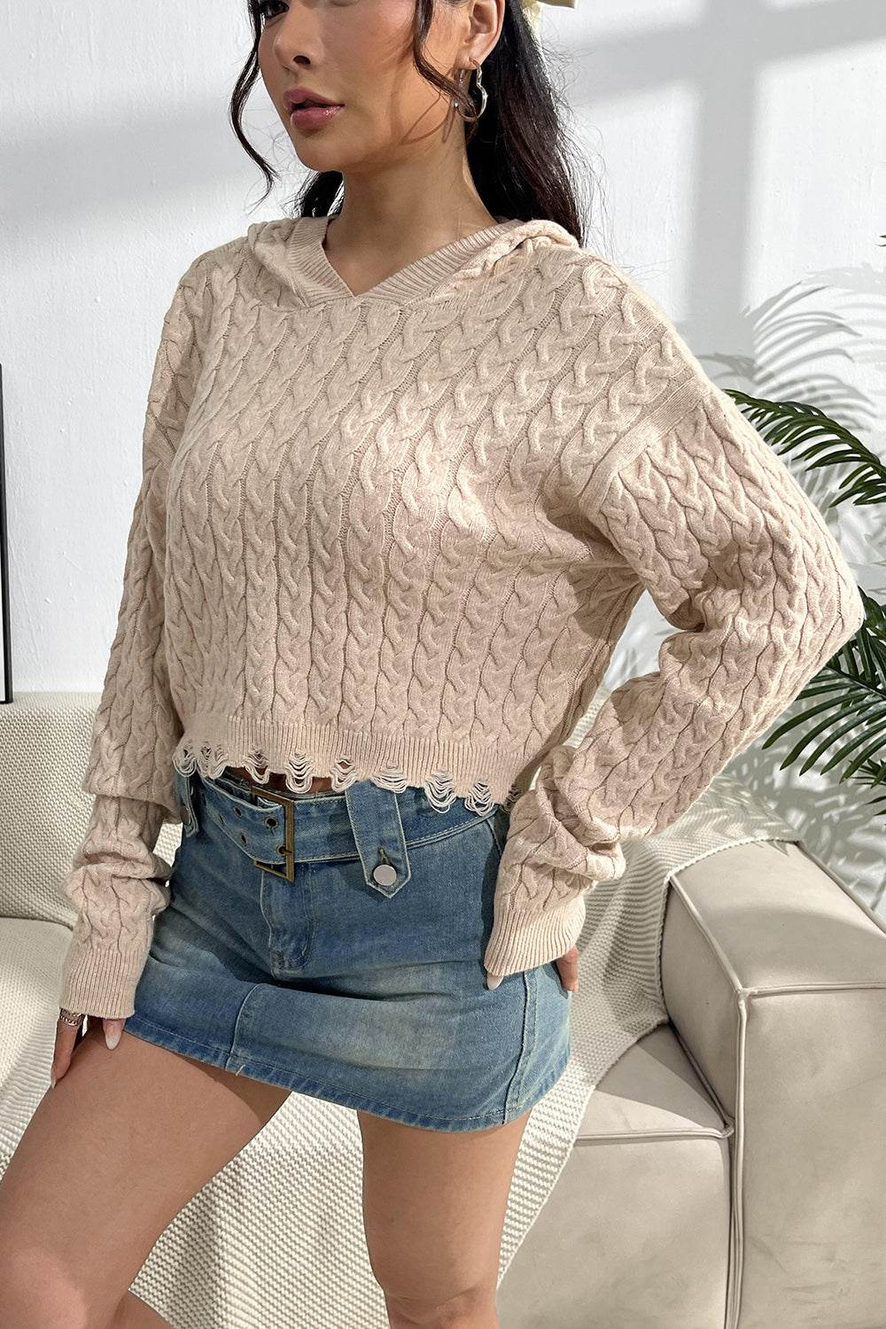Cable-Knit Dropped Shoulder Hooded Sweater - Delanoir