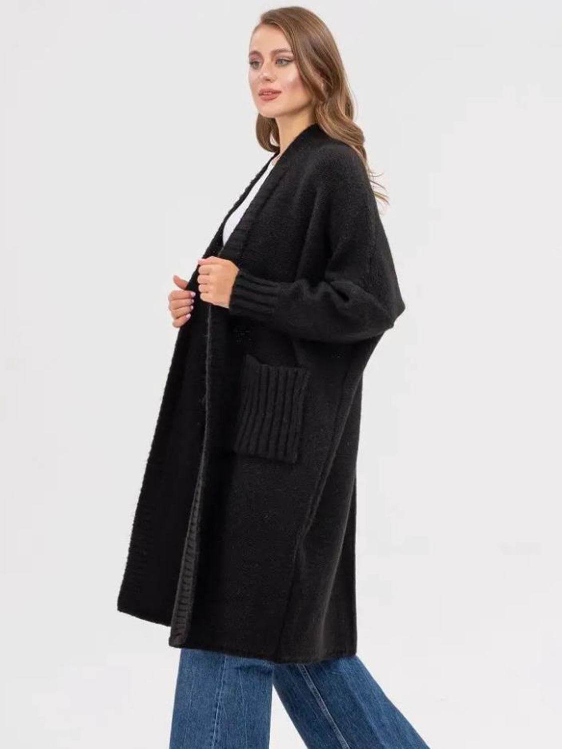 Pocketed Open Front Long Sleeve Longline Cardigan - Delanoir