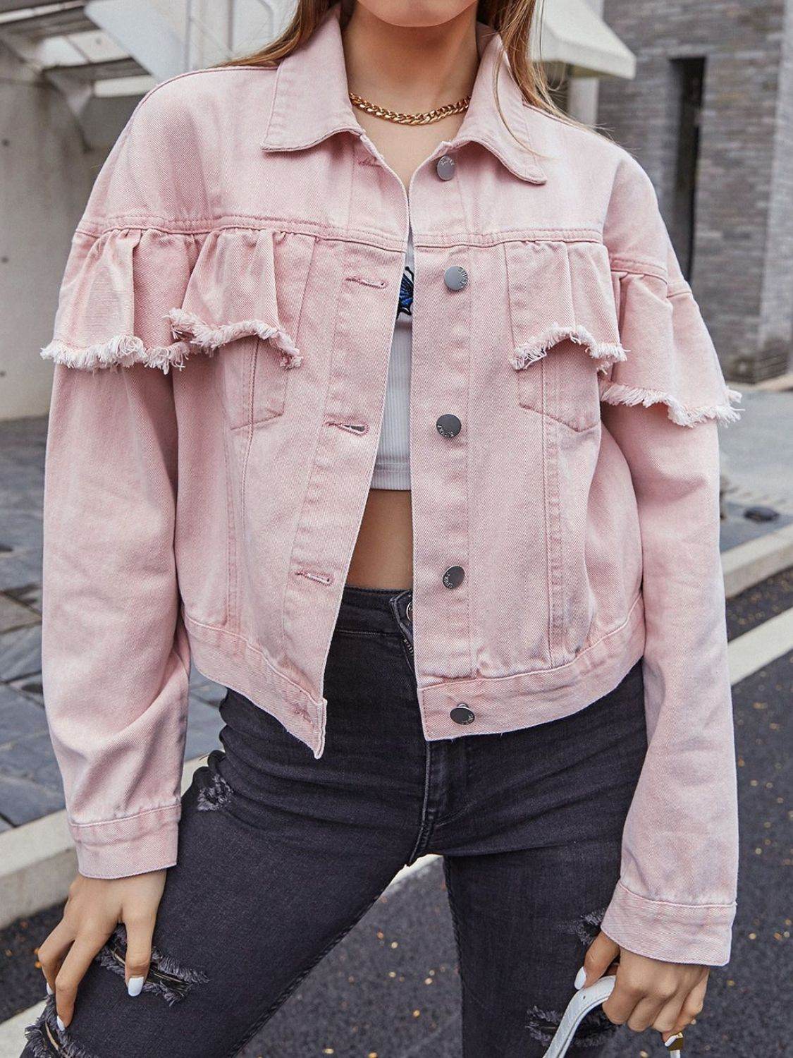 Ruffled Collared Neck Long Sleeve Denim Top - Delanoir