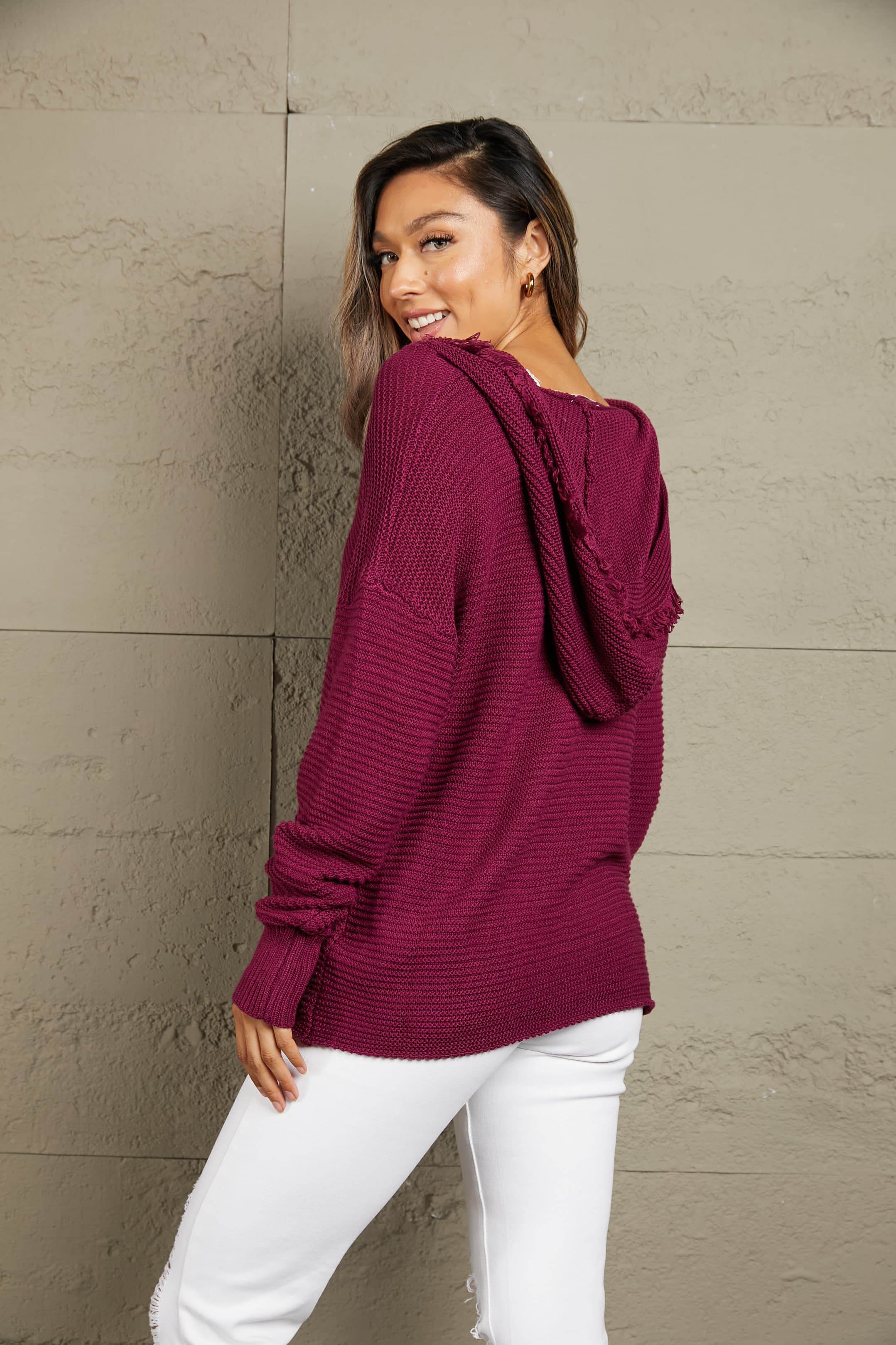 Woven Right Horizontal Ribbing Fringe Trim Hooded Sweater - Delanoir