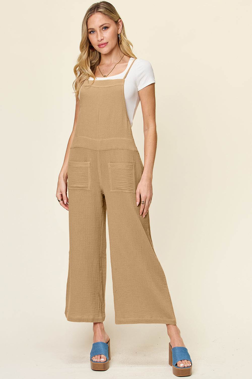 Double Take Full Size Texture Sleeveless Wide Leg Overall - Delanoir