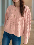 Cable-Knit Round Neck Long Sleeve Cardigan - Delanoir