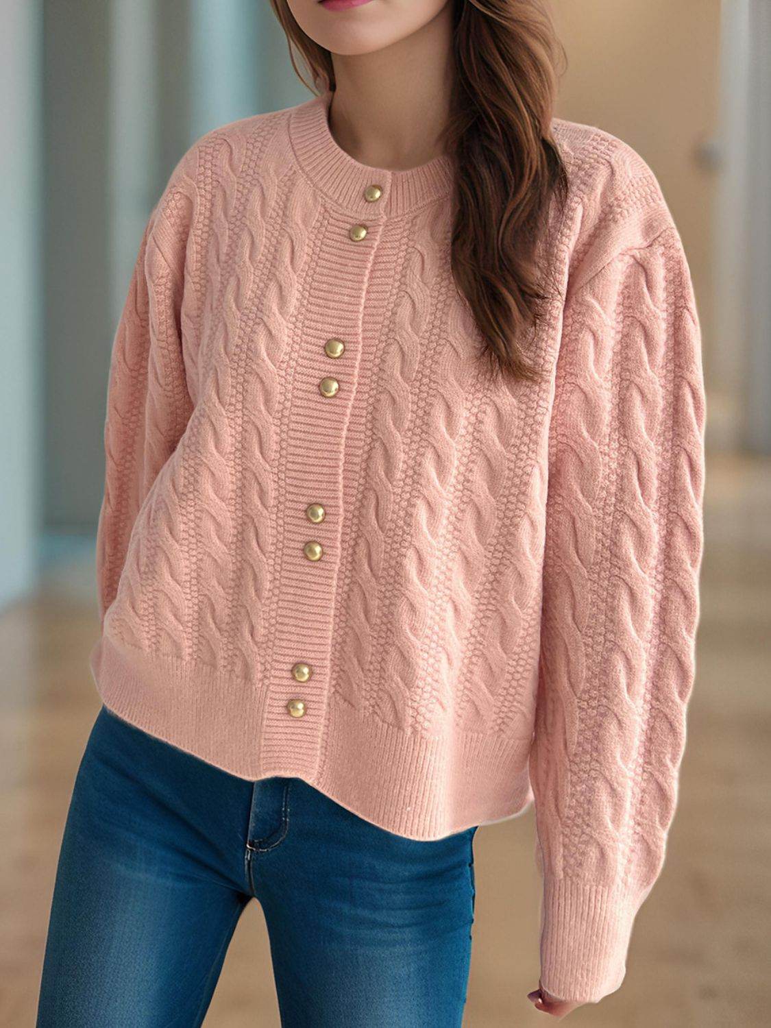 Cable-Knit Round Neck Long Sleeve Cardigan - Delanoir