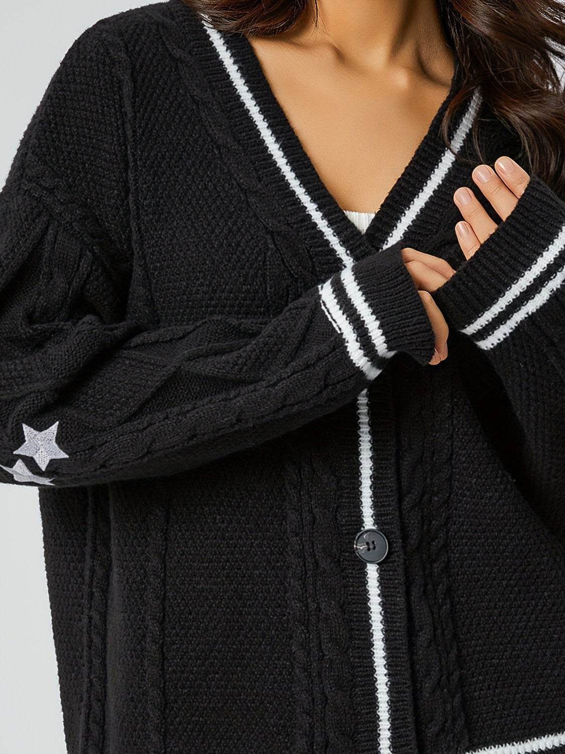 Star Embroidered V-Neck Long Sleeve Cardigan - Delanoir
