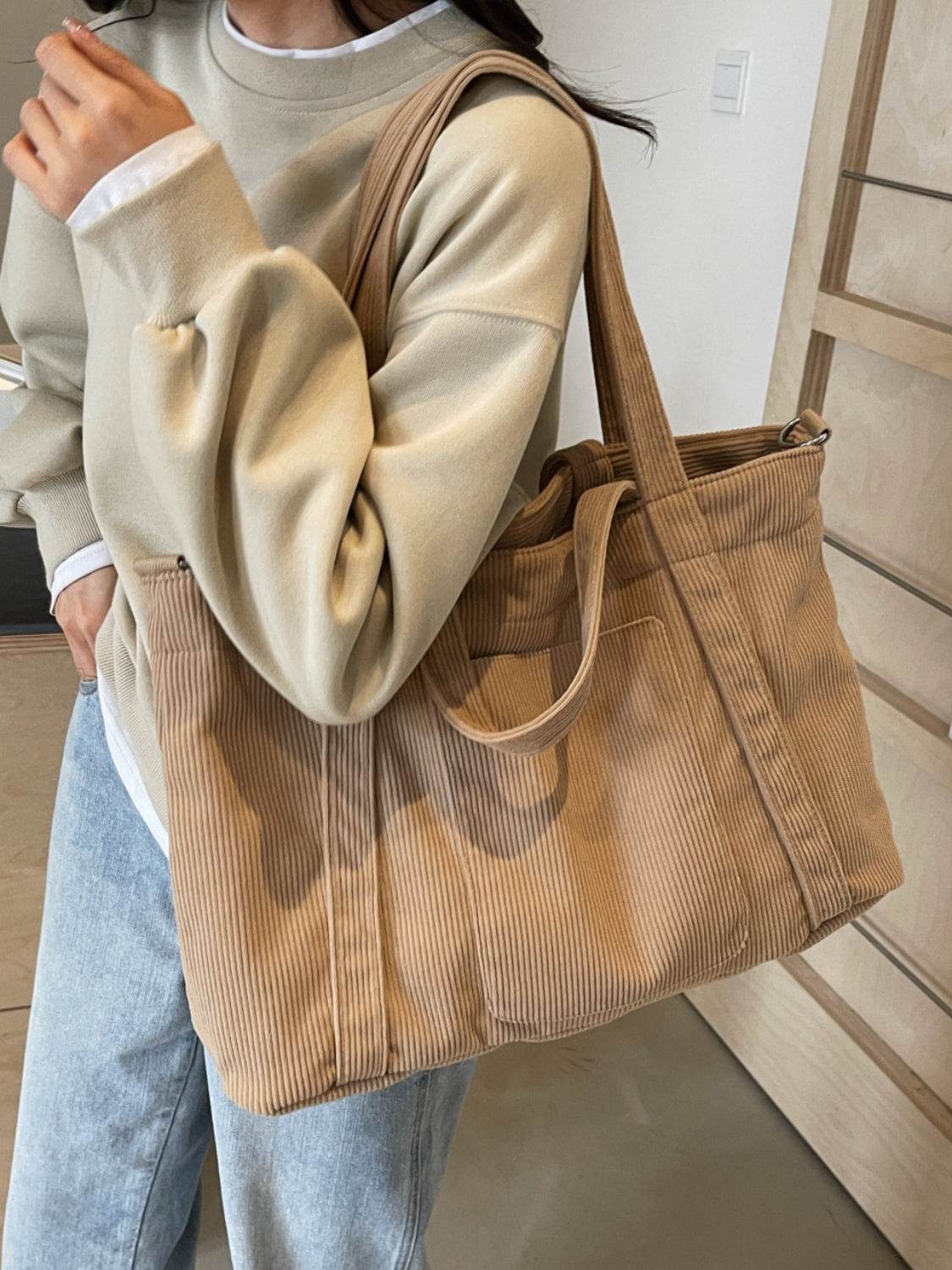 Corduroy Solid Large Tote Bag - Delanoir