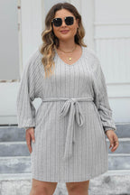 Plus Size Ribbed Tie Front Long Sleeve Sweater Dress - Delanoir