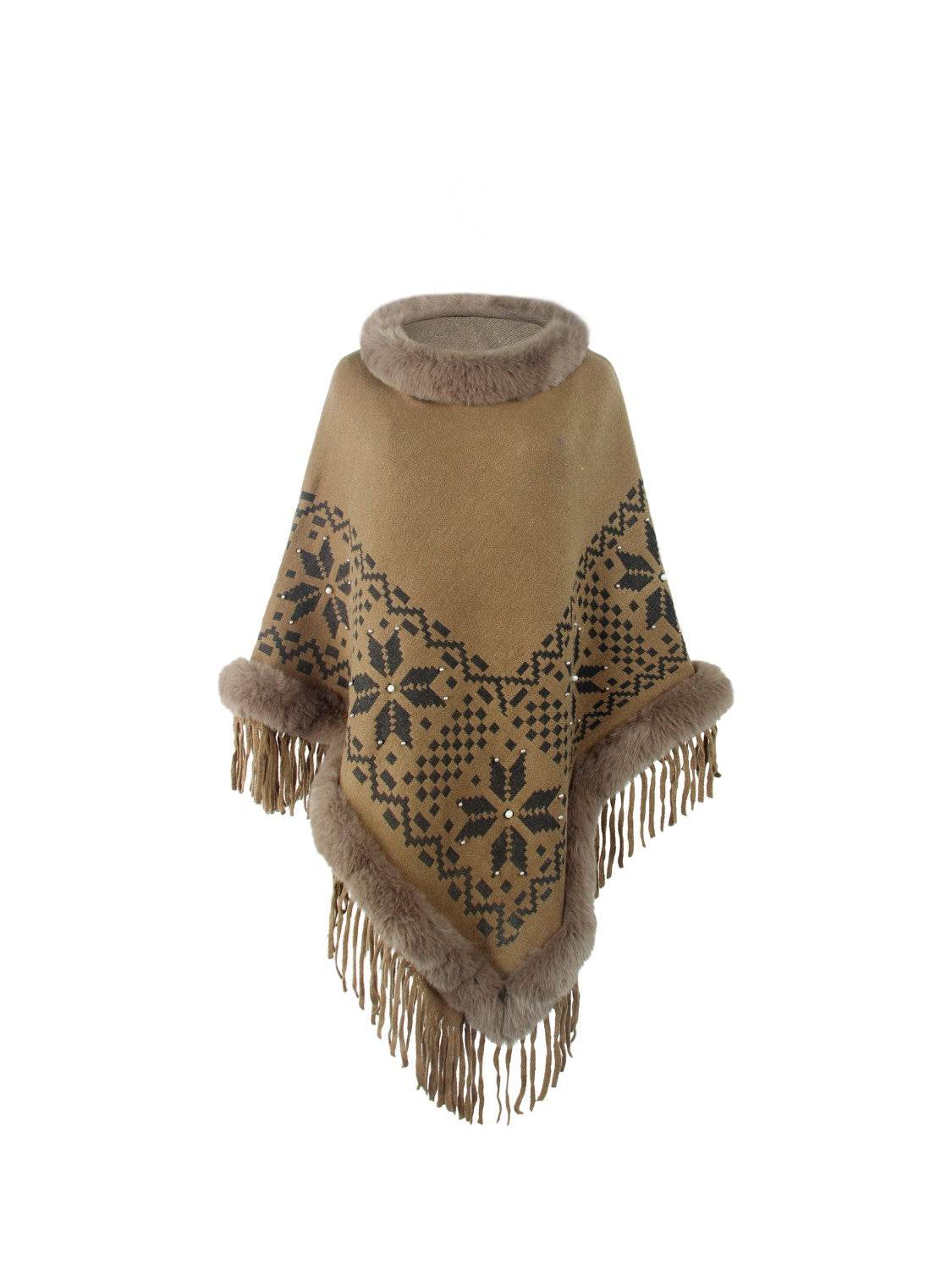 Fringe Geometric Cape Sleeve Poncho - Delanoir