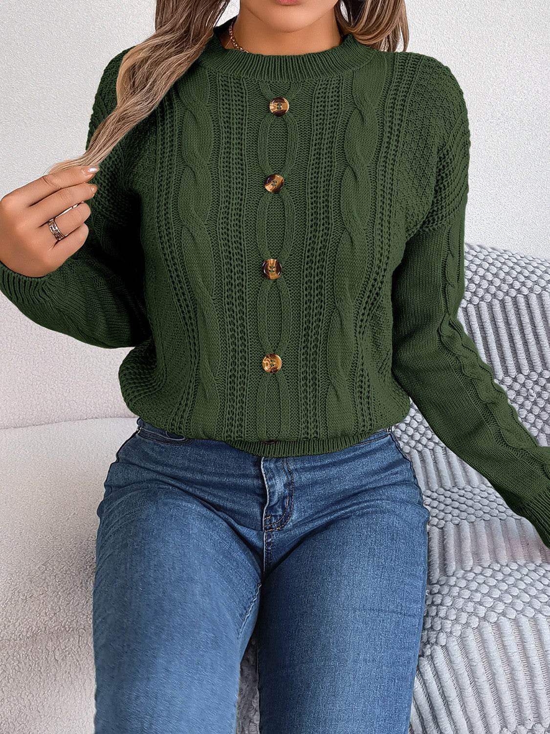 Cable-Knit Buttoned Round Neck Sweater - Delanoir