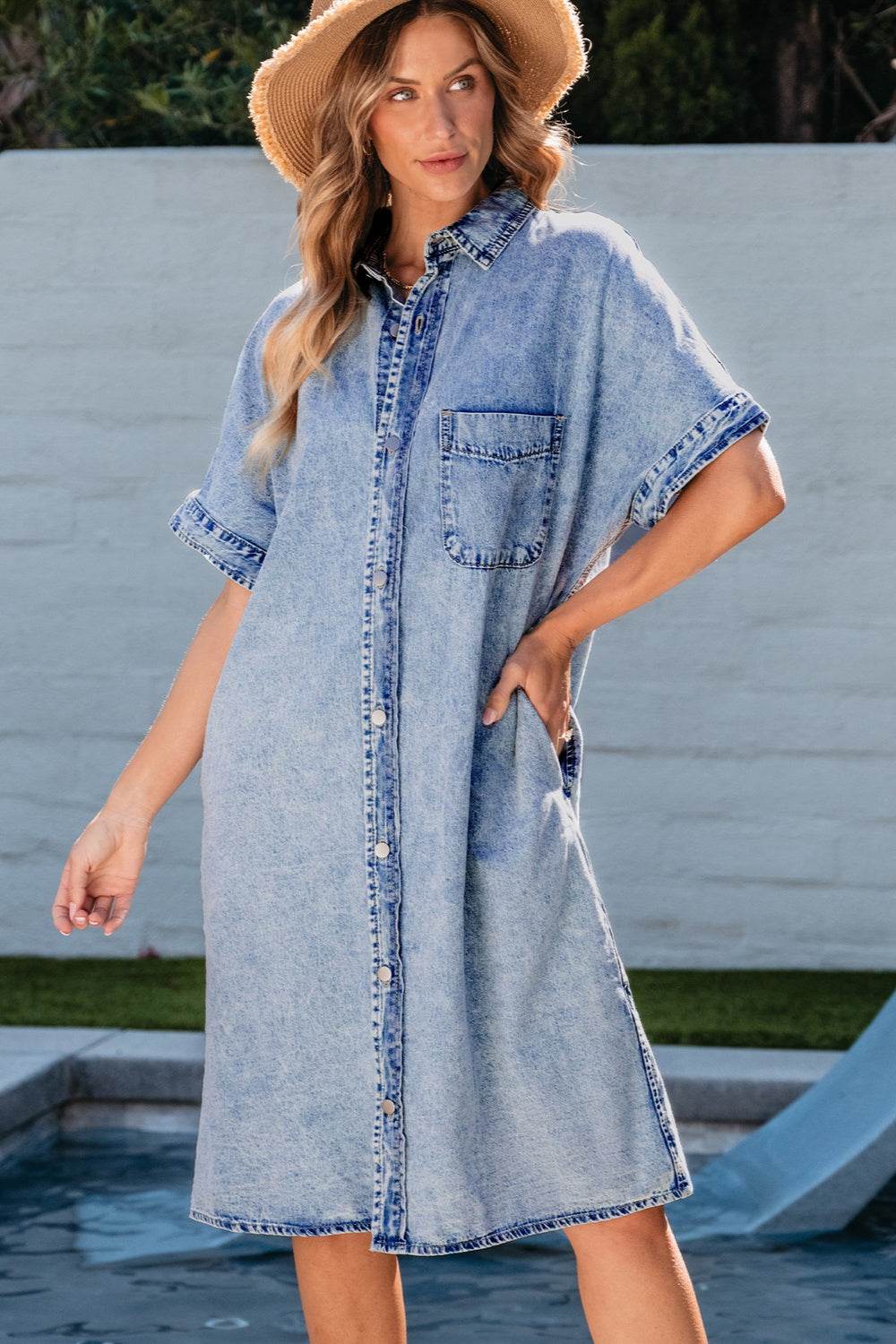 Pocketed Button Up Half Sleeve Denim Dress - Delanoir