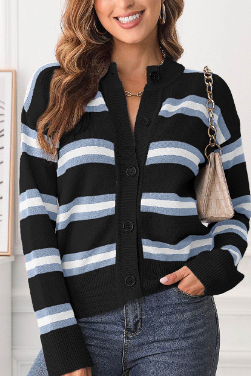 Striped Button Down Long Sleeve Cardigan - Delanoir