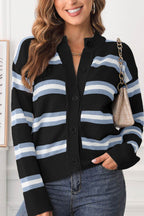 Striped Button Down Long Sleeve Cardigan - Delanoir