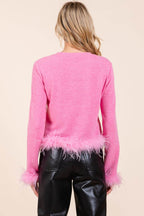 Mittoshop Feather Trim Long Sleeve Crop Hacci Knit Top - Delanoir