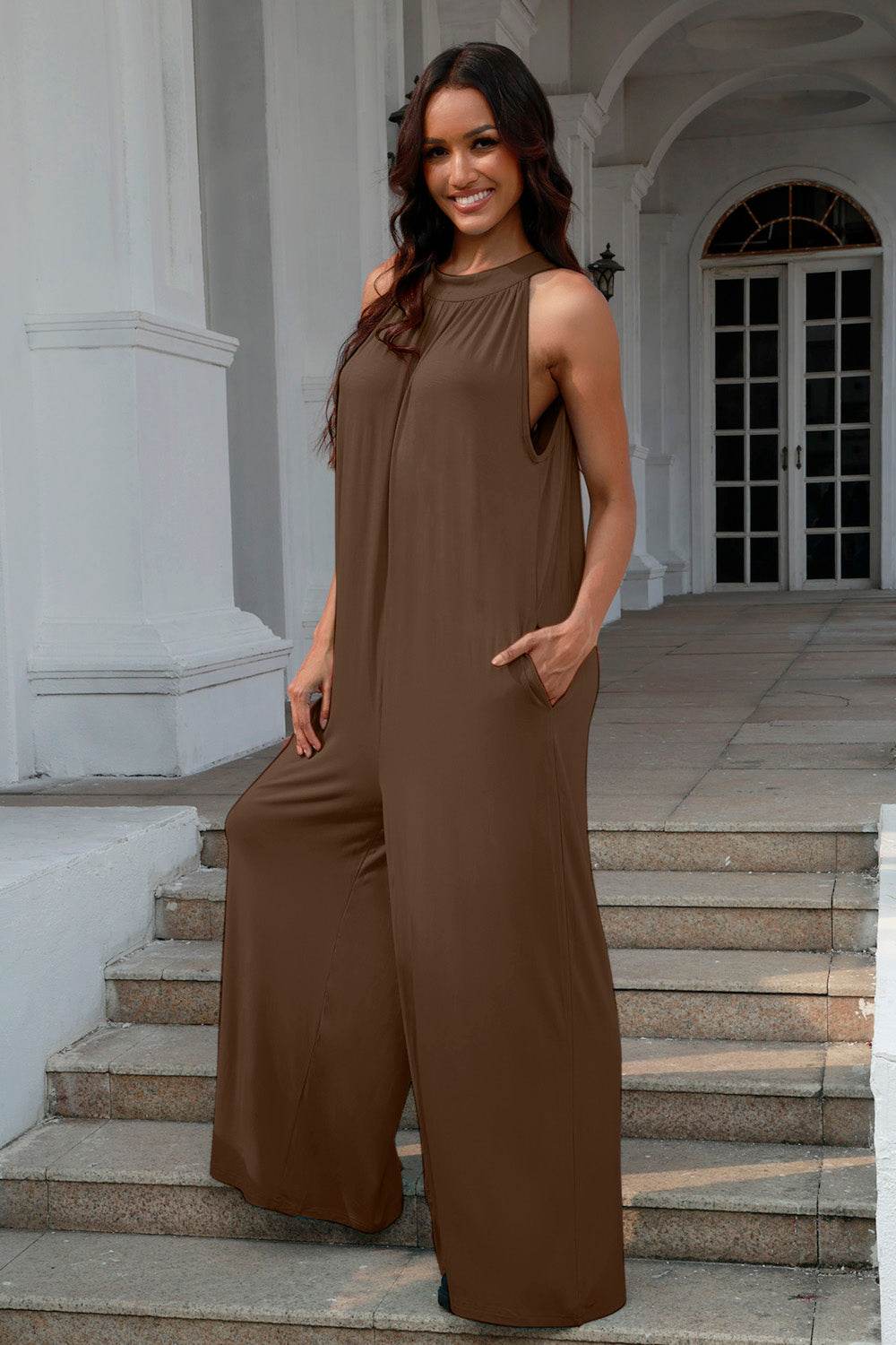 Double Take Full Size Tie Back Cutout Sleeveless Jumpsuit - Delanoir