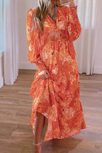 Smocked Printed V-Neck Long Sleeve Dress - Delanoir
