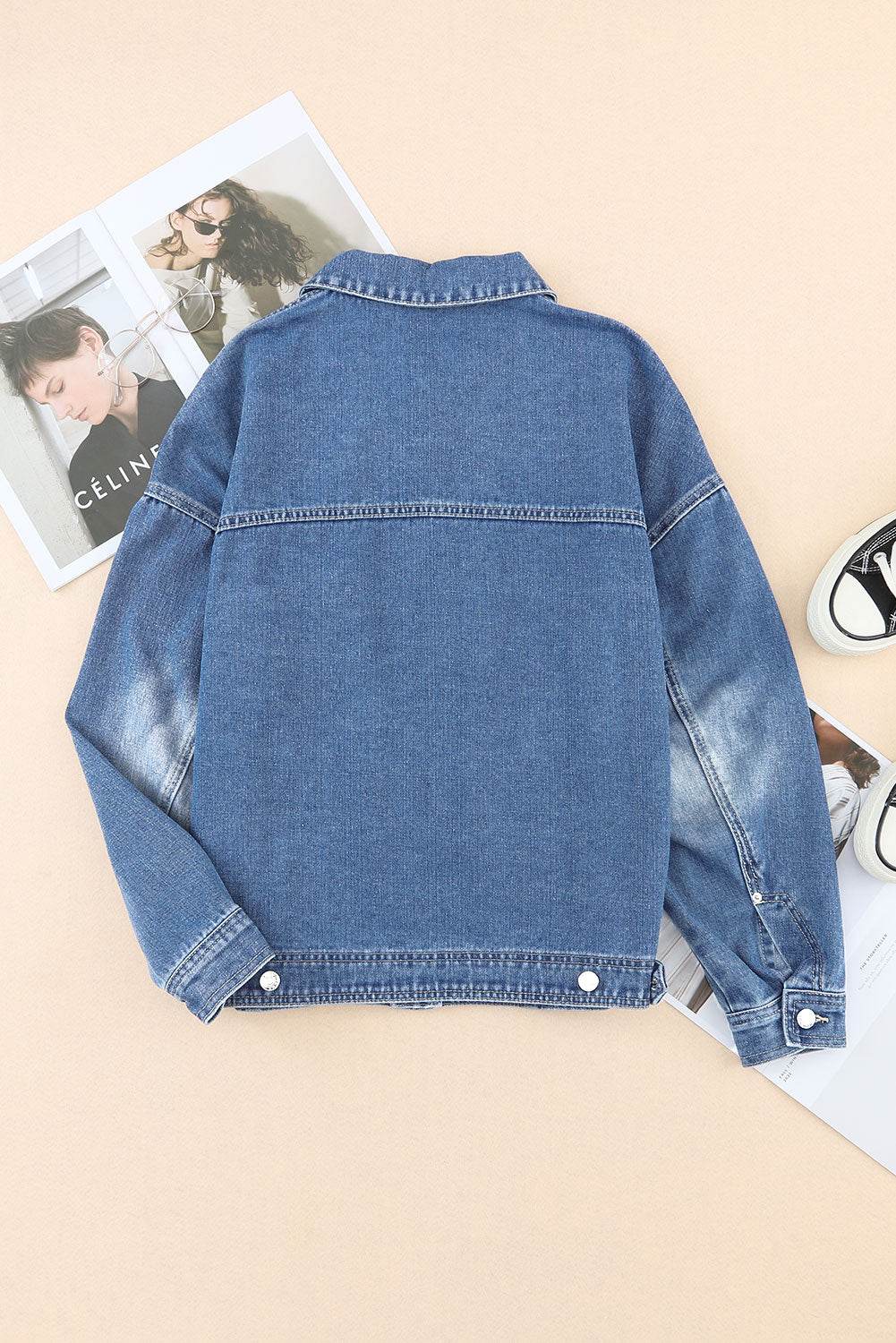 Collared Neck Button Up Denim Jacket - Delanoir