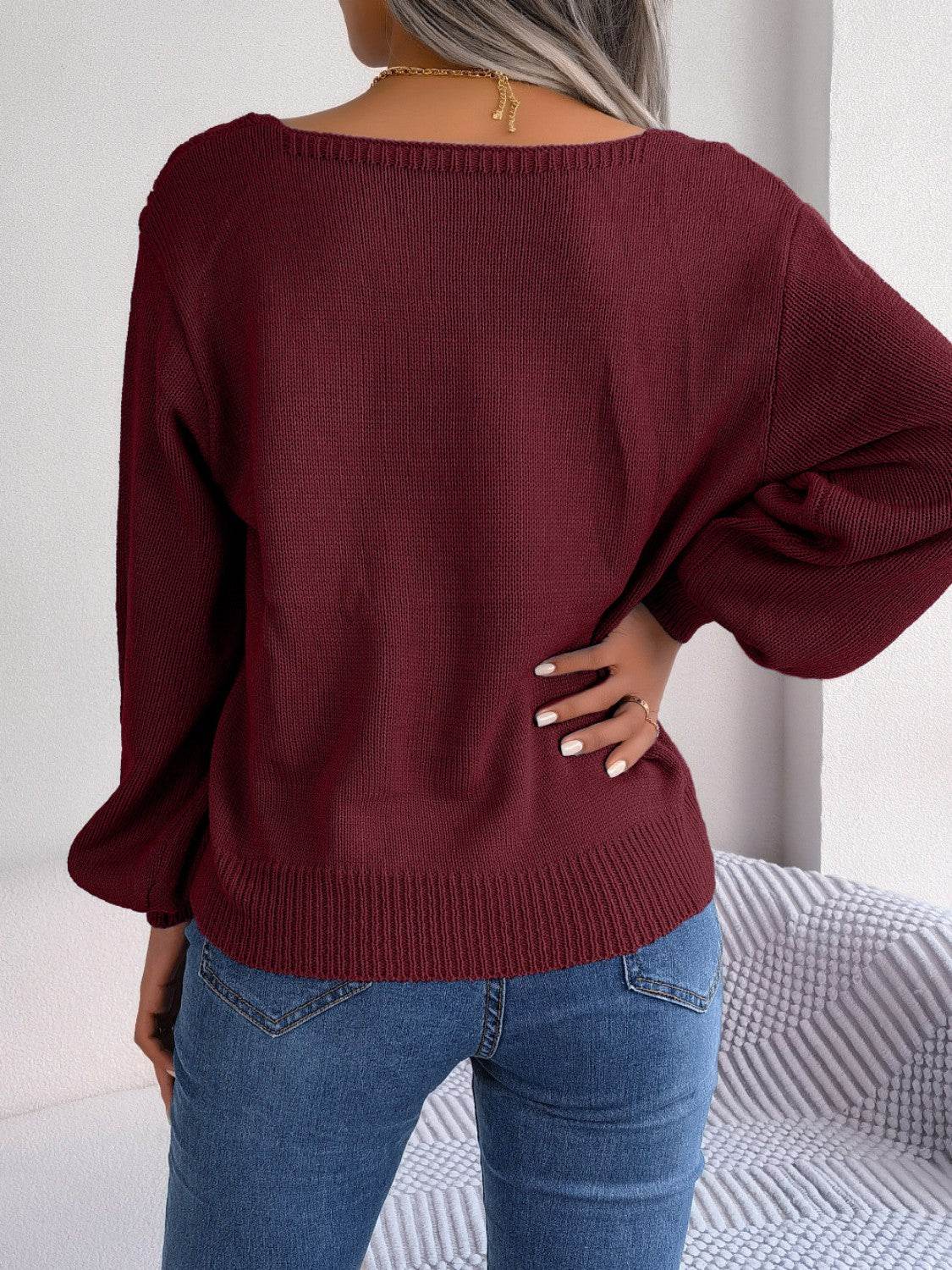 Cable-Knit Square Neck Long Sleeve Sweater - Delanoir
