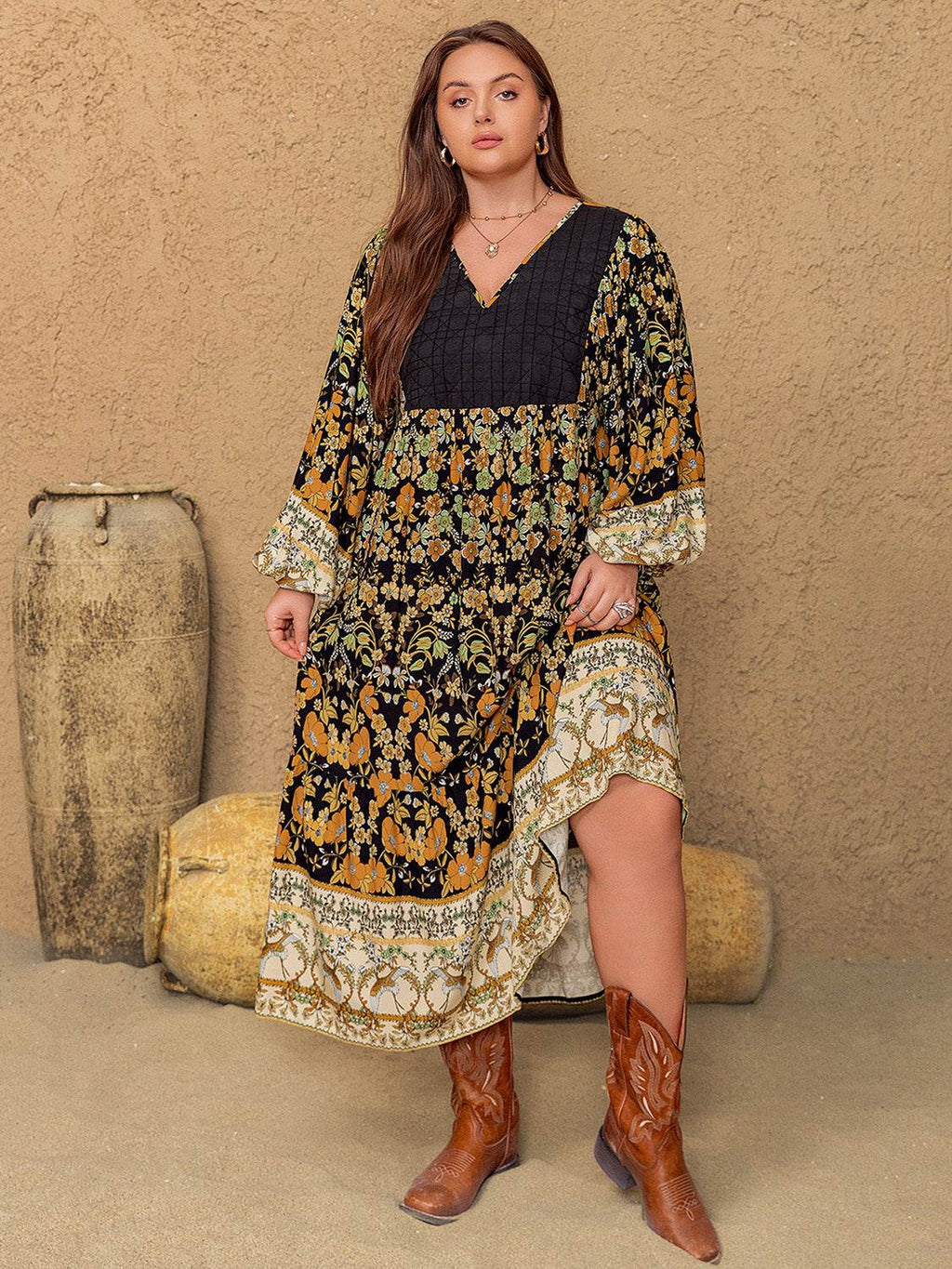 Plus Size Floral V-Neck Balloon Sleeve Midi Dress - Delanoir