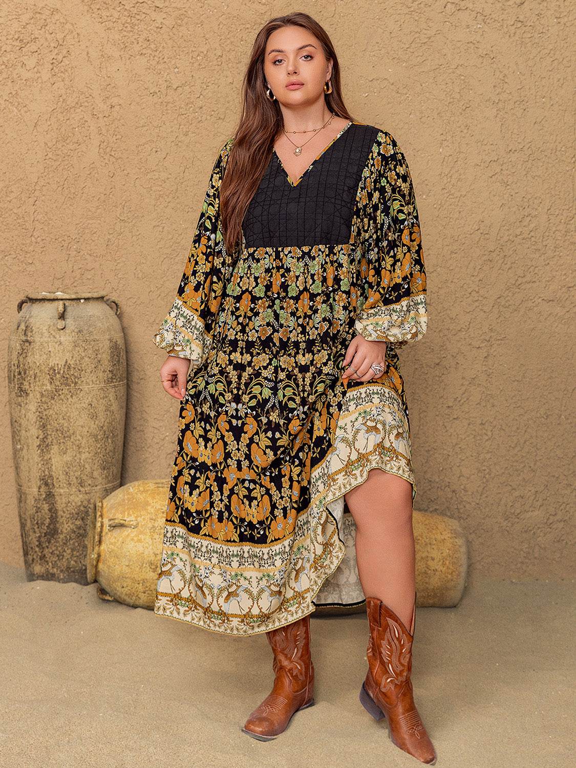Plus Size Floral V-Neck Balloon Sleeve Midi Dress - Delanoir