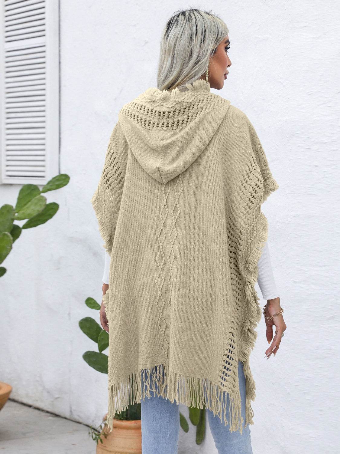 Fringe Trim Buttoned Hooded Poncho - Delanoir