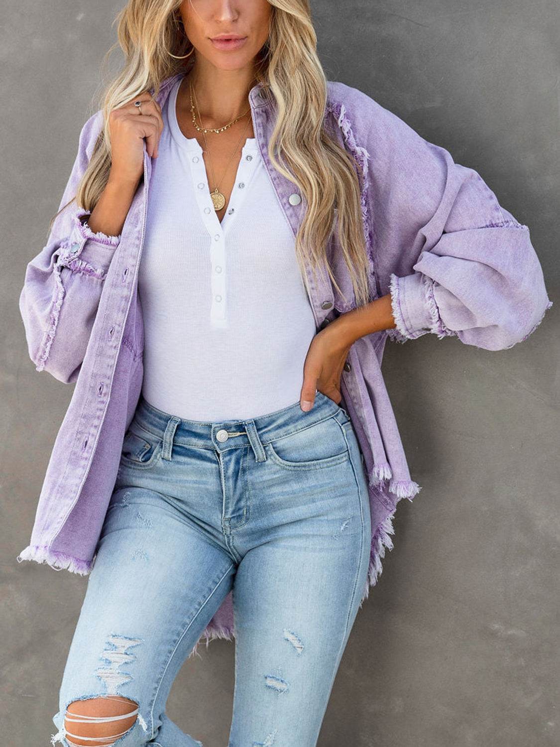 Button Down Raw Hem Denim Jacket - Delanoir