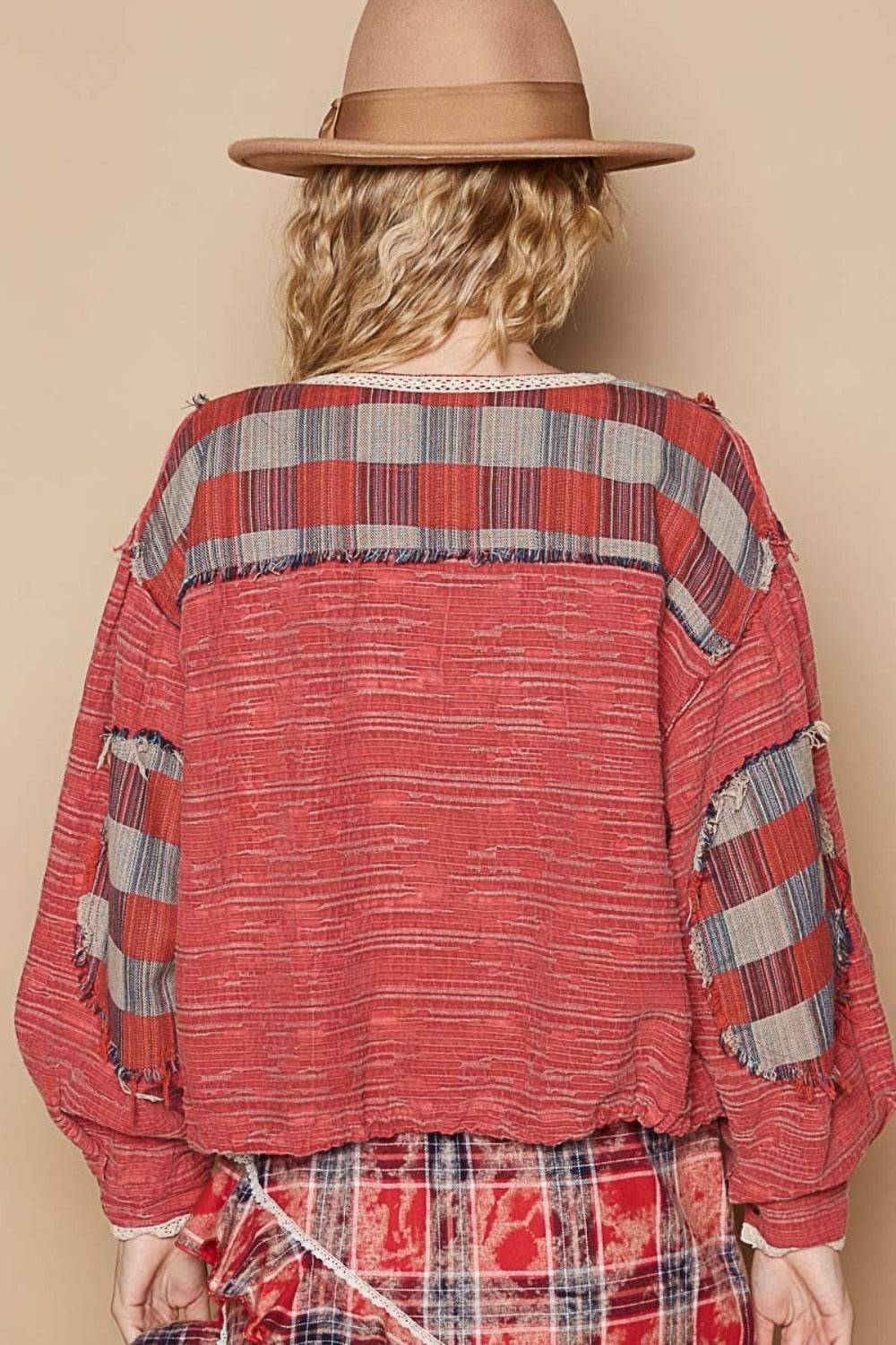 POL Round Neck Long Sleeve Plaid Shirt - Delanoir