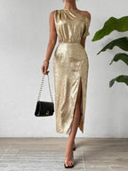 Honey Slit One Shoulder Short Sleeve Midi Dress - Delanoir