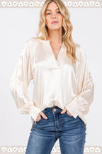 SAGE + FIG Notched Long Sleeve Blouse - Delanoir